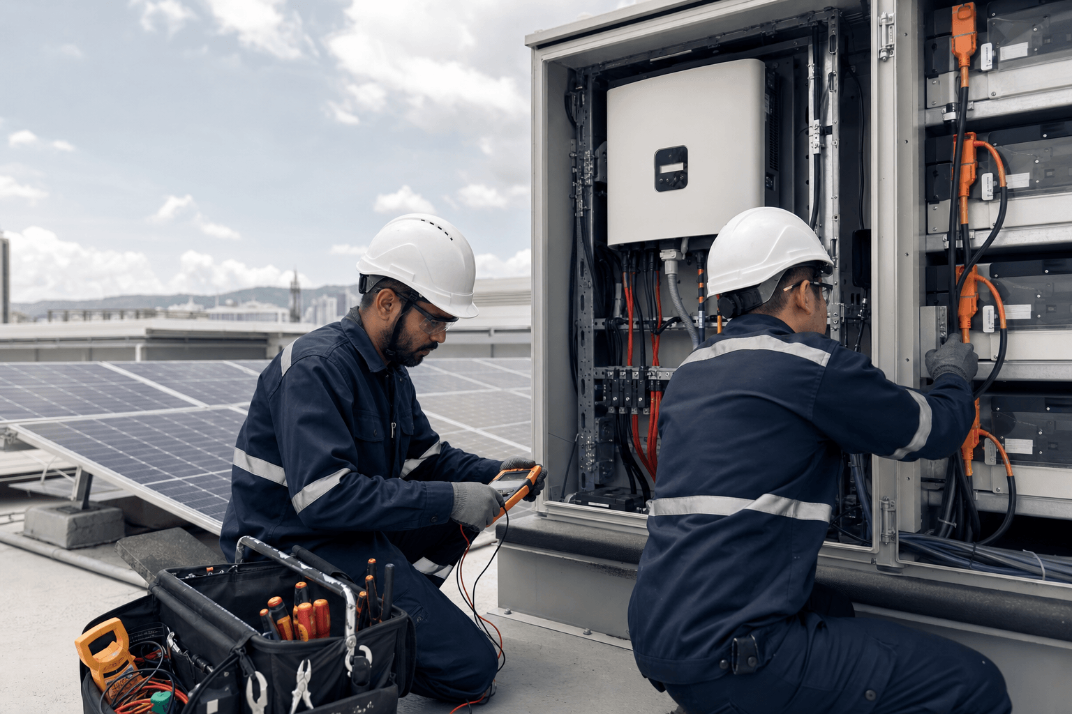 Technicians performing preventive maintenance on a solar and battery installation