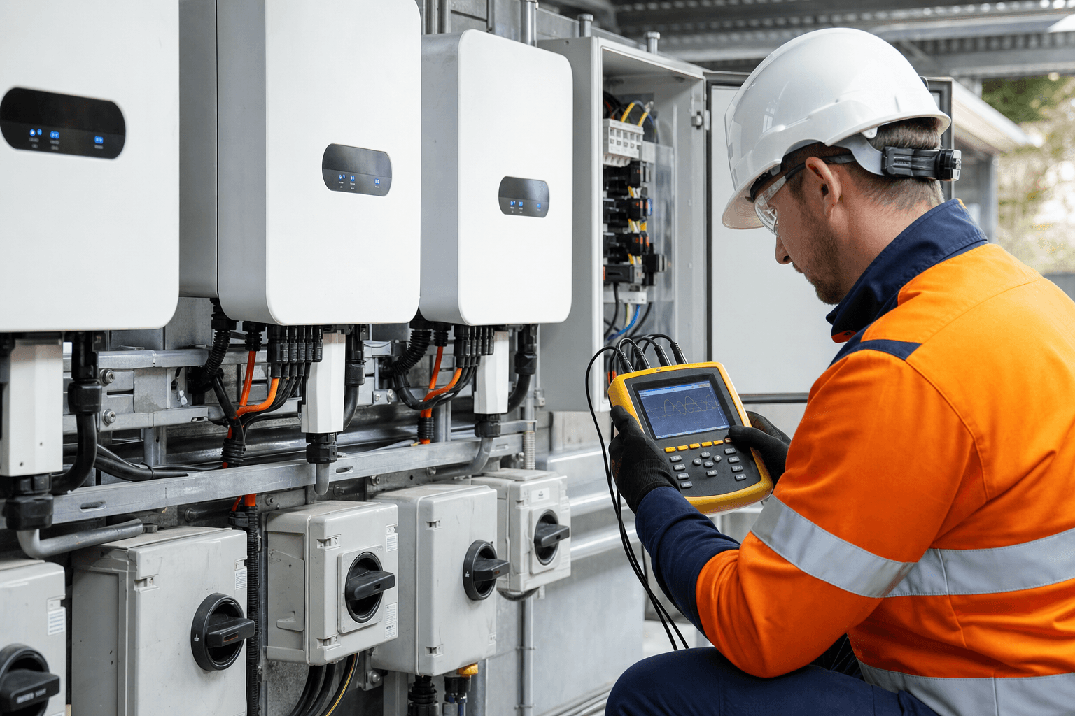 Energy engineer carrying out a commercial solar and electrical system audit