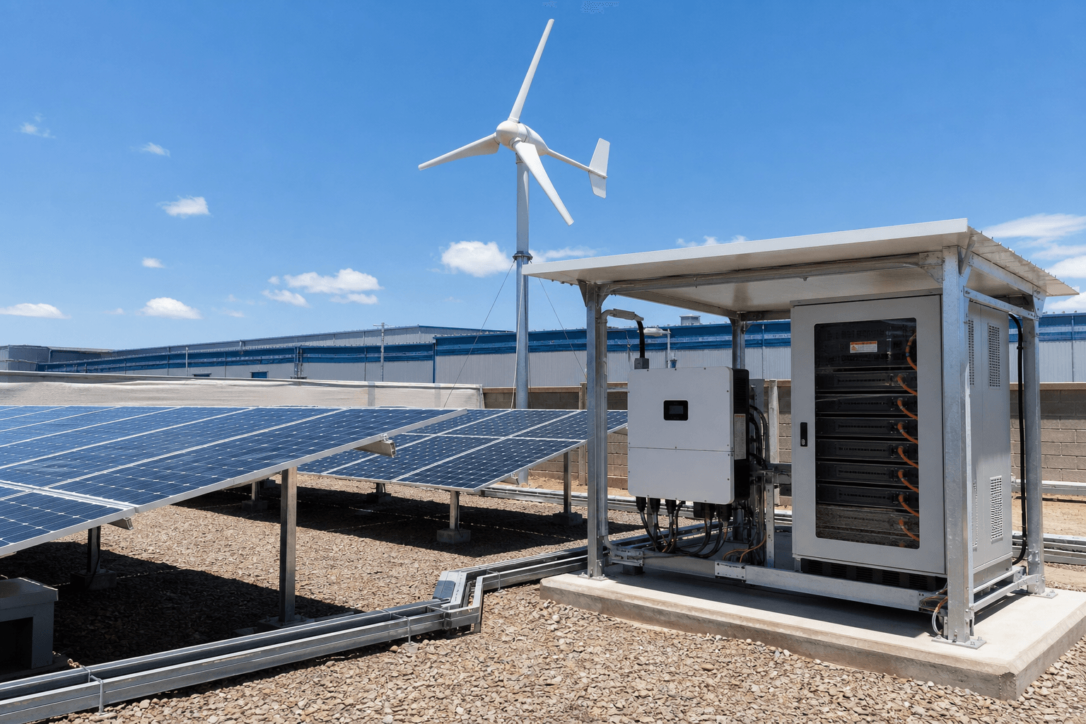 Commercial hybrid power installation with solar panels, wind turbine, inverter and battery system