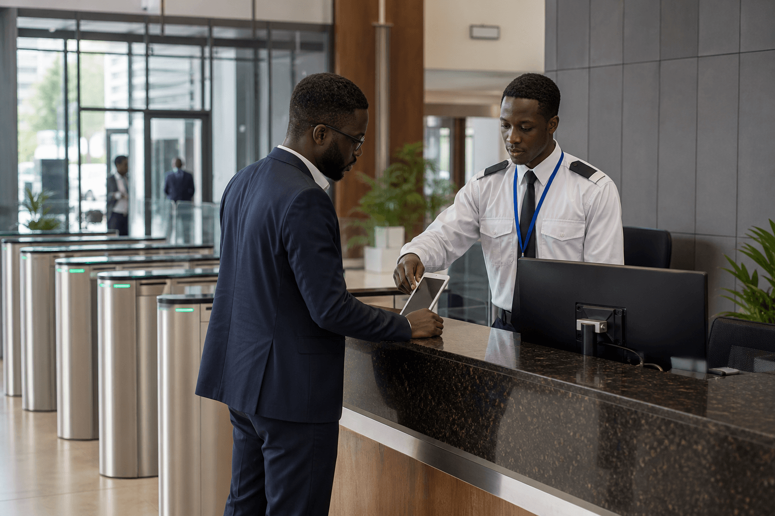 Security officer assisting a visitor at a controlled facility entry point